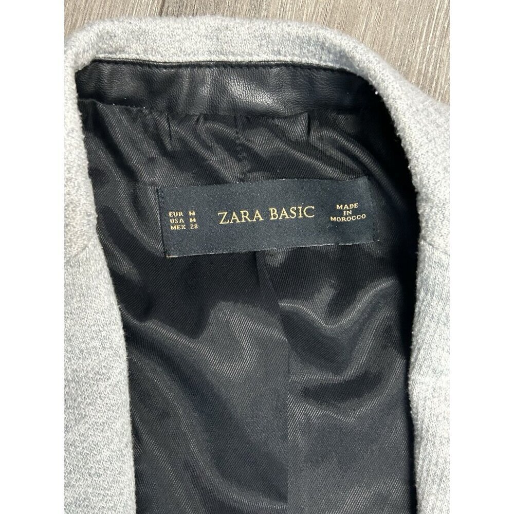 Zara Basic sz M gray blazer w/faux black leather trim classy stylish clean lines - Picture 9 of 9